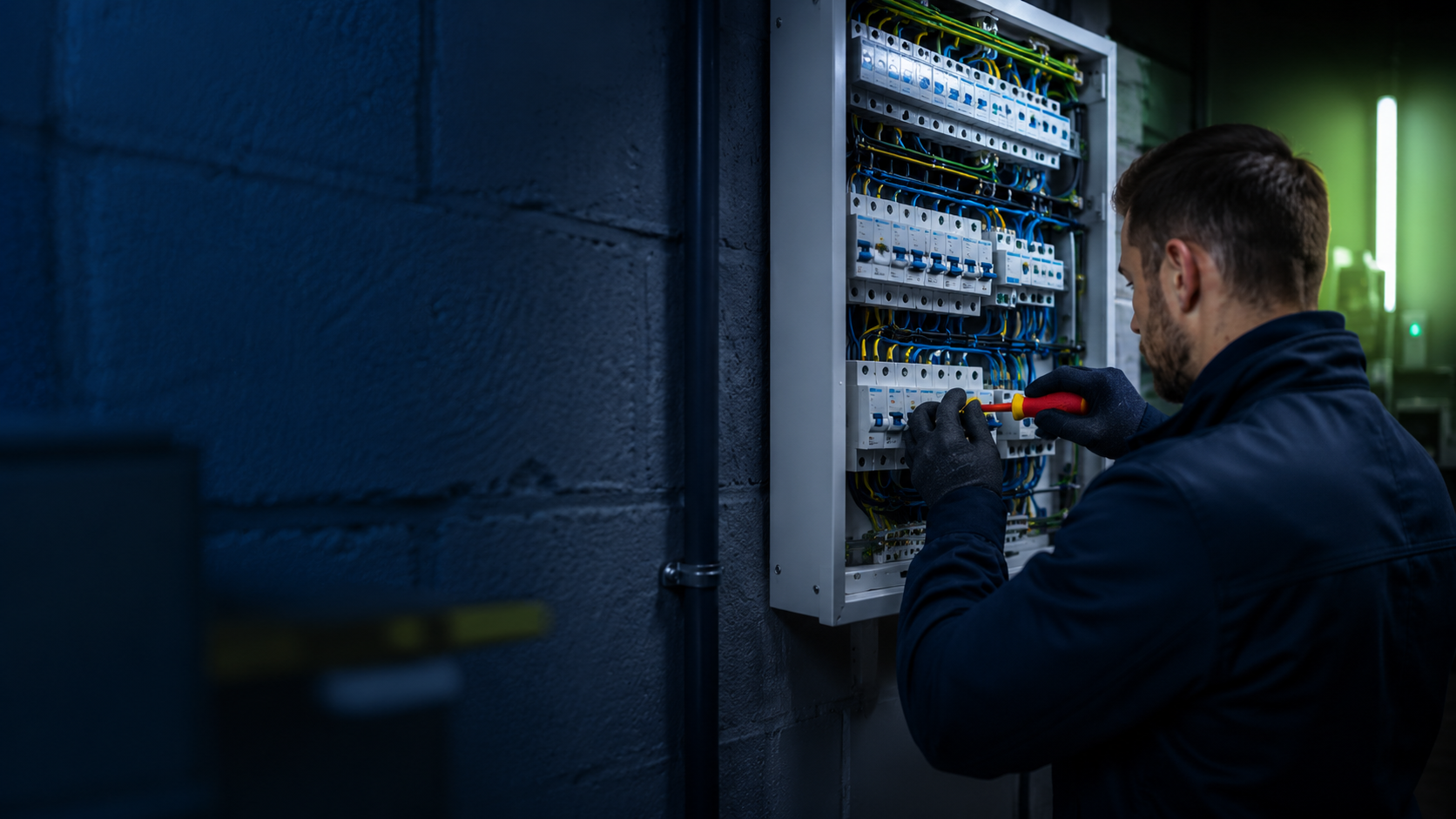 Electrician working on a commercial distribution board — Keltic Mechanical & Electrical Specialists, Kerry